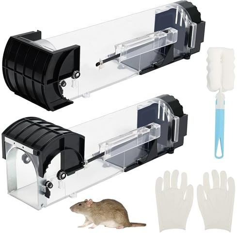 BELLE VOUS 2 Pezzi Trappole Topi con Spazzola e Guanti - 32 cm - Trappole per Topi da Esterno/Interno Riutilizzabili No Kill per Roditori/Ratti/Topi - Esca Topi Sicura per Casa/Famiglia/Animali