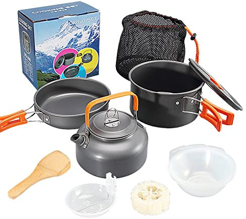 Camping Kochgeschirr Set, Outdoor Geschirr Set, Tragbar Faltbare Camping Töpfe, Picknick Töpfen Kochgeschirr Geschirr Aluminium Campinggeschirr Kochset für 2-3 Personen (Orange)