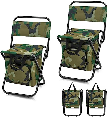 Jerify 2 Pcs Fishing Chair with Cooler Bag Multi-Function Foldable Compact Fishing Stool Hunting Chair Portable Backrest Stool with Folding Backpack for Finishing Camping Hunting Travel(Camo Color)