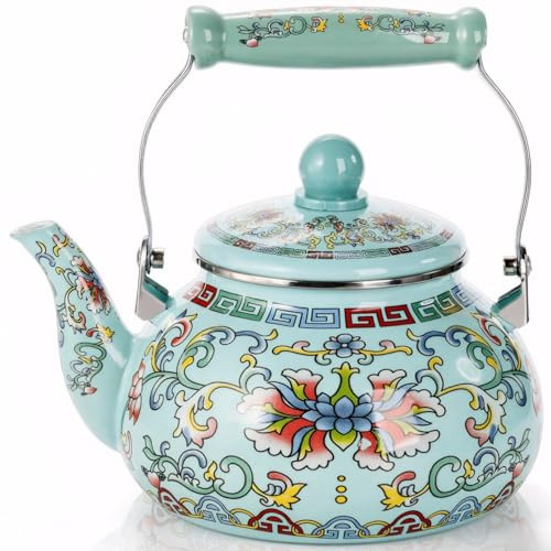 Pumtus Tetera esmaltada vintage de 2.5 cuartos de galón, tetera grande esmaltada floral, olla de té de acero esmaltada con mango de cerámica fría para estufa, agua caliente, regalo, decoración retro,
