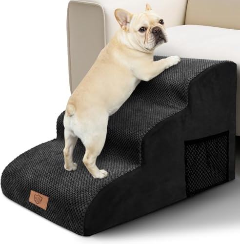 Pawchop Dog Stairs for Small Dogs, 40cm High Waterproof Dog Steps for Bed & Sofa, Non-Slip Foam Pet Steps with Washable Cover, Pet Ramp Ladder for Small Injured Senior Cats and Dogs, Black