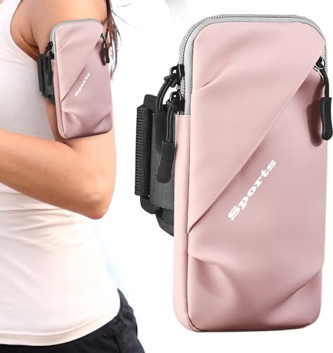 TicEaik Running Armband for Apple iPhone, Android， Phones up to 6.7，Key， EarphoneZipper Pocket Sweatproof Cell Phone Armband Case Men, Women Adjustable Strap Perfect with Zipper（Pink）