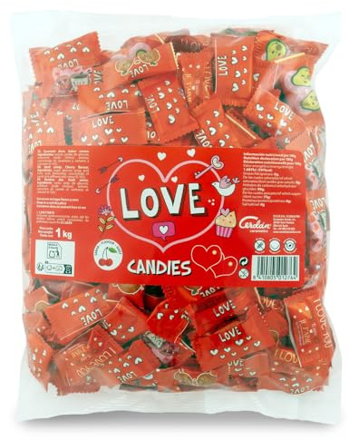 Caramelos Cerdán - Caramelos con Forma de Corazón Love | 333 Unidades | Sabor Cereza | Caramelo Sin Gluten ni Alérgenos | Ideal para San Valentín, Fiestas, y Cumpleaños - Bolsa de 1 Kg | Caramelo Sin Gluten ni Alérgenos | Ideal para San Valentín, Fiestas, y Cumpleaños | Bolsa de 333 uds