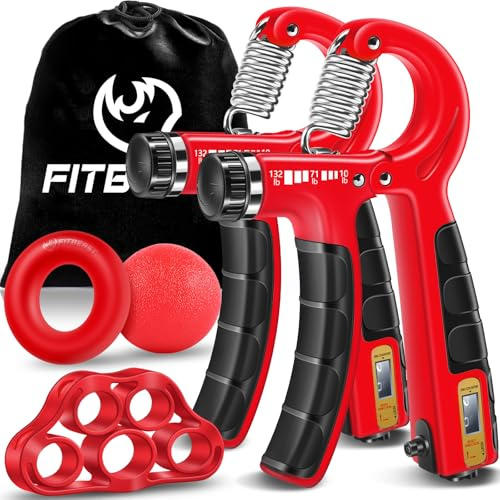 FitBeast Handgrepp Förstärkare Set Dubbel räkning Handgripare, Greppboll, Greppring & Finger Stretchband för förbättrat grepp och rehabilitering, Crimson