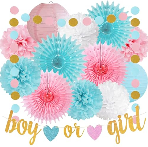Baby Gender Reveal Party Dekoration Blau Rosa Papier Pompons Papierfächer Papier Laterne Girlande Junge oder Mädchen Banner Babyparty Dekoration für Gender Reveal Baby Shower Party Deko