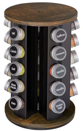 New England Stories Revolving Spice Rack Set with 25 Spice Jars, Kitchen Spice Tower Organizer for Countertop or Cabinet - Carousel Storage Includes 386 Spice Labels