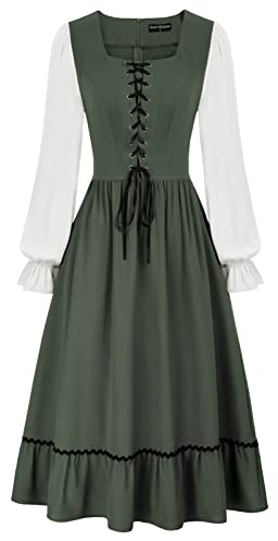 SCARLET DARKNESS Robe Femme d'Été Longue Médiévale 2 Pièces, Manches Bouffantes et Taille Cintrée Vert Olive S