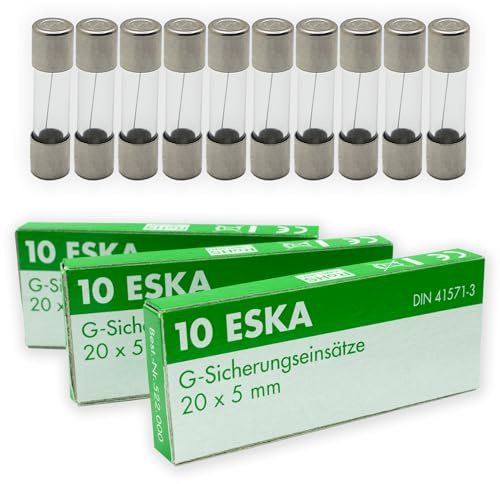 ESKA 630mA Feinsicherungen 5x20mm Glassicherung (0,63A) | Träge Auslösecharakteristik für 220V / 230V / 250V AC | G-Sicherungseinsätze | 10 Stück | Eska Nr. 522.500