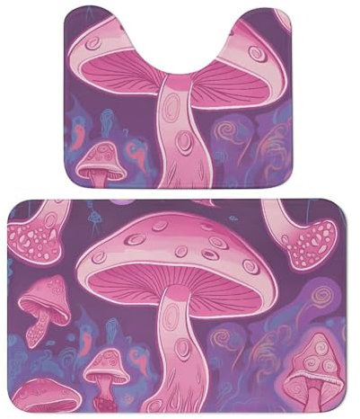 Badezimmerteppich-Set, weich, saugfähig, Mikrofaser, U-förmiger WC-Vorleger, rutschfester Badteppich, rosa Pilz, Badematten für Badezimmer, Badewannenmatte, 2-teilig