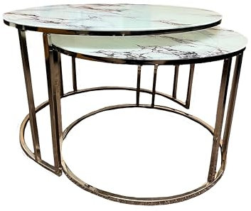 Couchtische 2er Set, Wohnzimmertisch, Nisttische mit goldfarbenen Metallrahmenbeinen und weißer Marmormusterplatte (MDF) für Wohnzimmer, Schlafzimmer, Büro, Balkon, Wohnung (Chrom (2er-Set)