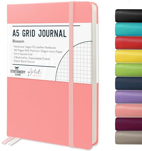 STATIONERY ISLAND Notizbuch A5 Kariert, Journal Hardcover mit 120 g/m² Dickem Papier, 180 Seiten Tagebuch, Notebook a5 für Mädchen, Reisetagebuch, Planen, Lernen, Schreiben