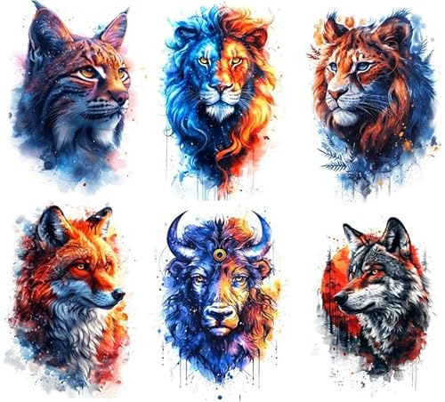 6 Blätter Temporäre Löwe Luchs Fuchs Bison Wolf Tattoo Fake Tier Tattoo bunt KM-AI6