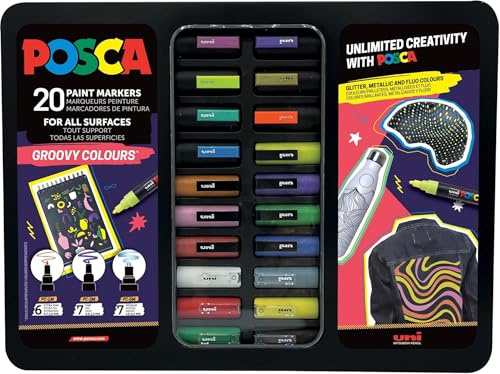 Uni-Ball 186831 POSCA märkpenna set, 20 akrylpennor i pennfodral, Groovy Colours märkpenna set, PWE5M-spets 1,8–2,5 mm