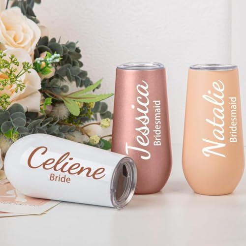 Lot de 2 flûtes à champagne personnalisées avec couvercle, gobelet isotherme en acier inoxydable, pour demoiselle d'honneur, 177 ml, pour fiançailles, mariage, cadeau personnalisé