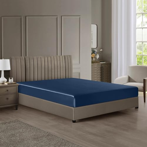 DISANGNI Sábana bajera ajustable de seda de morera 100 % de grado 6A, certificado Oeko-Tex, de 22 momme, 1 pieza, sábana bajera de seda suave de lujo, bolsillo profundo (azul, 150 x 200 + 30 cm)