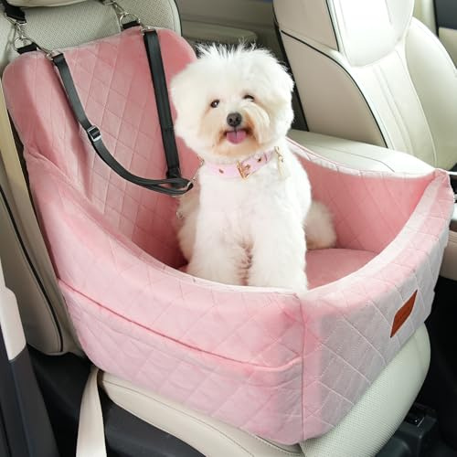 WOOAIDAGG Asiento de Coche para Perros medianos, Cama de Viaje para Mascotas con Canal para cinturón de Seguridad, Totalmente Desmontable y Lavable, 3 Correas fáciles de Instalar (Rosa)