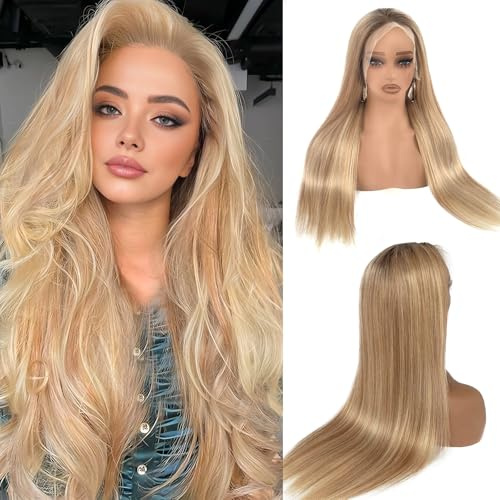 Balayage Blonde Echthaar-Perücke, weich, natürlich, Echthaar, Blond, Highlight, 13 x 6 HD, Lace-Front-Perücke, Echthaar, für Damen, klebefrei, 180 % Dichte, goldbraun mit Strähnen, klebefrei