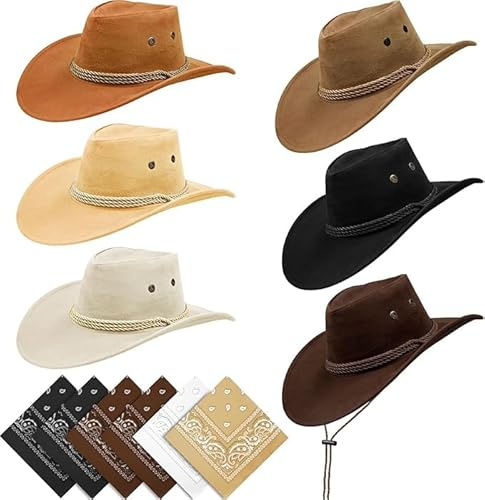 LYCN 6er Cowboy Hut für Damen und Herren, Western Cowboyhüten und 6 Bandanas, Cowgirl Hut mit verstellbarem Gurt Cowboyhut Männer für Reitpferde Reisen Wanderpicknick Party Zubehör