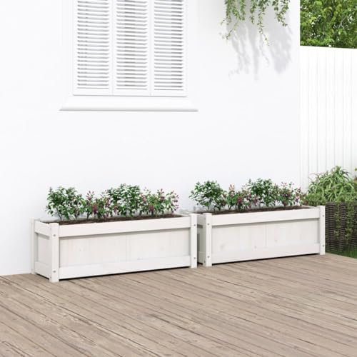 FIRBNUS Jardineras de Exterior 2 uds Arriate Exterior para Cultivo de Plantas Hierbas Jardinera para Balcón Jardineria Maceteros Blanco 90x31x31 cm Madera Maciza de Pino