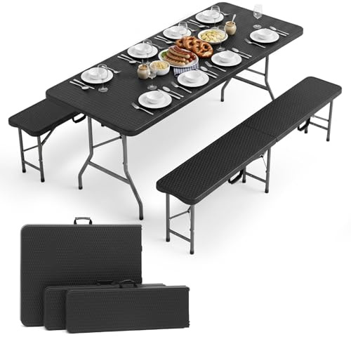 Sekey Bierzeltgarnitur Klappbar, Kunststoff Biertischgarnitur 180cm, 3-teilig Set Tisch + 2 x Bierbank mit Tragegriffe, Gartenmöbel Set für drinnen draußen, Festzeltgarnitur Rattan-Optik (Schwarz)