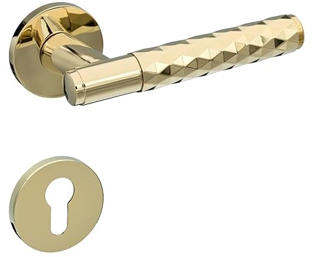 Gavroche Türgriffe Set PZ Profilzylinder | Türklinken Innentüren in Gold Optik | Drückergarnitur Zimmertür mit runder Rosettengarnitur aus Zink | Türbeschlag in L-Form & strukturierter Oberfläche