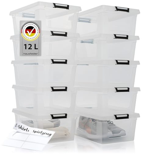 Hausfelder Aufbewahrungsboxen 10er Set, 12 l, mit Deckel, transparent | Kunststoffboxen mit Deckel für Küche, Keller, Garage und Haushalt, stapelbar, transparent