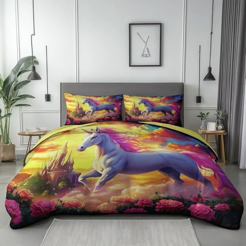 Reversibler Bettwäsche-Set 135 x 200 cm Muster Bettbezug Cartoon-Schloss und Einhorn, Weich Mikrofaser Bettbezug Set für Kinder, Teenager Erwachsene Schlafzimmer Gelb