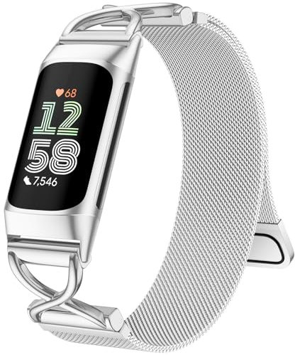 Charlam Metal Straps Compatible with Fitbit Charge 6 Strap, Charge 5 Straps for Women, Magnetic Stainless Steel Mesh Loop Band for Fitbit Charge 6, Charge 5, Silver