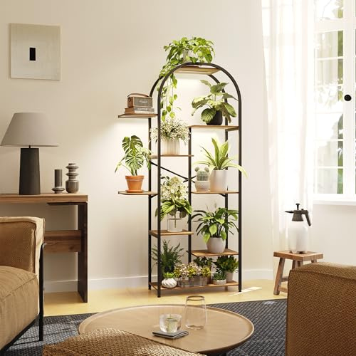 GoTiling Arched Pflanzenregal Indoor 180cm – 9-Tier Holz & Metall Blumenregal mit LED Grow Light, Mehrstöckiger Pflanzenständer für Wohnzimmer, Balkon, Fensterbank oder Büro
