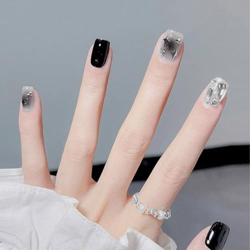 Auriselle Unghie Finte 24 Pezzi Corte French Unghies Finte Quadrate con Strass Artificiali Nere e Bianche Unghies su Unghie Motivo a Croce Adesive, Perfette per la Manicure a Casa
