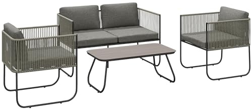 Outsunny Gartenmöbel Set Wetterfest, Tisch, 4 Personen Braun+Dunkelgrau | Aus Polyrattan, Terrassenmöbel, Mit Sessel Sofa, Lounge-Set, Kissen, Gartenlounge, Sitzgruppe, Balkonmöbel
