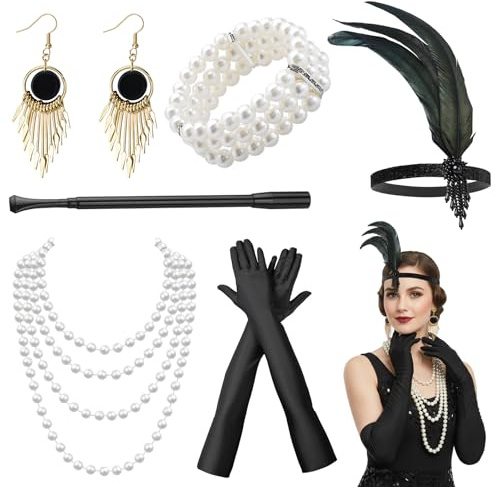 ZocRjvN 20er Jahre Kostüm Damen, Gatsby Accessoires Damen, Federboa Schwarz, 6-teiliges Set mit Federstirnband, Handschuhen, Perlenketten, Fransenohrringen für 1920er Jahre Kostüm