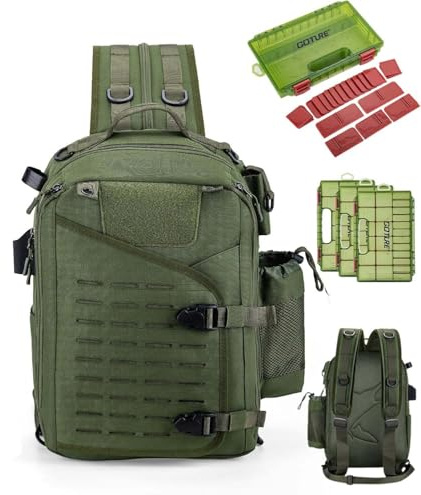 Goture Angelrucksack 20L, Angel-Sling-Tasche mit Rutenhalter, MOLLE-System | Aus robustem 900D Oxford, wasserabweisend, SBS-Reißverschluss, für 3700/3600 Tackle Boxen, ideal für Raubfischangeln