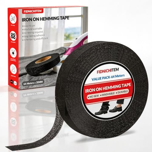 fidnichitem Saumband Aufbügeln Bügelband Nähzubehör (64M x 20MM, Schwarz) | 30GSM | waschfest | mit detaillierten anleitungen | 64 meter super value pack | starker halt für diy hosen,kleider,vorhänge