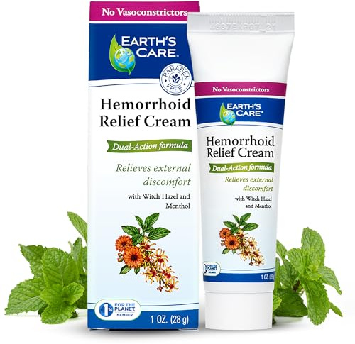 Earth's Care Hemorrhoid Cream - Hemorrhoid Treatment Cream with Natural Ingredients Witch Hazel and Menthol - Dual Action Formula - 1 OZ. (28 g)