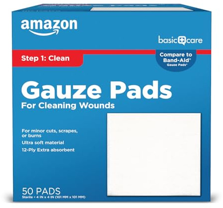 Amazon Basic Care Gauze Pads, 4x4 Sterile Medical Wound Dressing Sponges, 12-Ply, Extra Absorbent, for Cleaning, Covering & Cushioning Cuts & Minor Injuries, 50 Count, 1-Pack (Previously All Health)