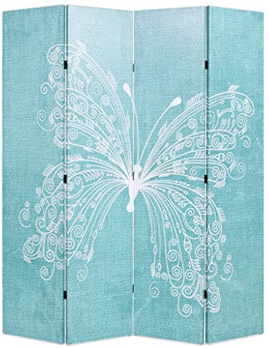 vidaXL Folding Room Divider - 160x170 cm Blue Butterfly Print Privacy Screen/Paravent for Bedroom, Living Room, Office