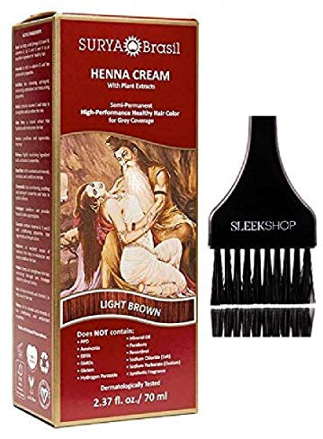 Surya Brasil All Natural HENNA Hair Color CREAM Plant Extracts, Semi-Permanent for Grey Coverage (with Brush) Brazil (LIGHT BROWN)