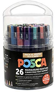 POSCA - Uni Mitsubishi Pencil – Topf Posca speziell für kreative Freizeit – Packung XL – 26 Marker – 2 Größen von Spitzen PC3M und PC5M – 6 Ersatzspitzen inklusive, metallic und glitzernd