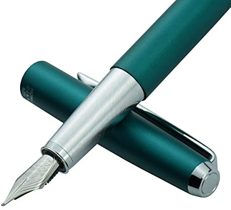 HongDian Füllfederhalter aus Metall, gebogene Feder, Kalligraphie-Stift, 0,6 mm, mit Konverter und Metallbox, Grün