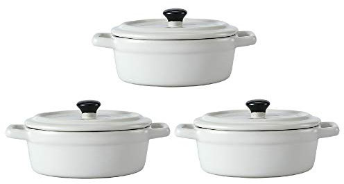Lot de 3 Mini Cocottes Ovales Blanches Céramique Double Poignées Avec Couvercle 14cm x 6,3cm Contenance Moule 150ml Ramequin Résistant Haute Température Four Pour Petits Plats (Blanches, Lot de 3)