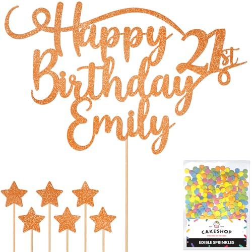Personalised Happy Birthday Glitter Cake Topper - Copper Orange Any Name & Any Age Glitter Cake Decoration and Sprinkles - Happy Birthday Decorations - Personalised Toppers for Cakes by Cakeshop