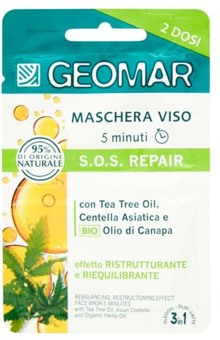 GEOMAR | Mascarilla Facial SOS Repair, Efecto Restructurante y Reequilibrante, 5 minutos, 95% de Origen Natural, Dermatológicamente Testada, 7,5 ml x 2