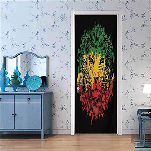 LuSeven türtapete selbstklebend Farbe Graffiti Tier Löwe 90x200cm 3D-Türkunst, abnehmbare Türabziehbilder, selbstklebendes Türwandbild, Türaufkleber für Raumdekor