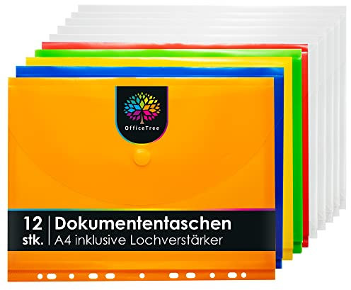 OfficeTree 12x Dokumententasche A4 mit 5 Farben und 7 Transparenten - Dokumententaschen A4 mit Abheftrand - inkl. 240 Lochverstärker - Dokumentenmappe mit Klettverschluss - Sammelmappe zum abheften