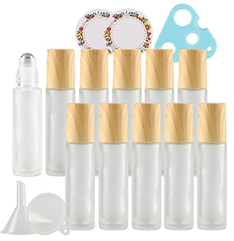 ZEOABSY Opaco Trasparente Vetro Essential oil Roller Bottiglie con sfere in acciaio inox, 10 ml 12 Pezzi Roll-On Bottiglietta per aromaterapia, fragranza + 1 x Opener, 2 x imbuto, 12 x etichette