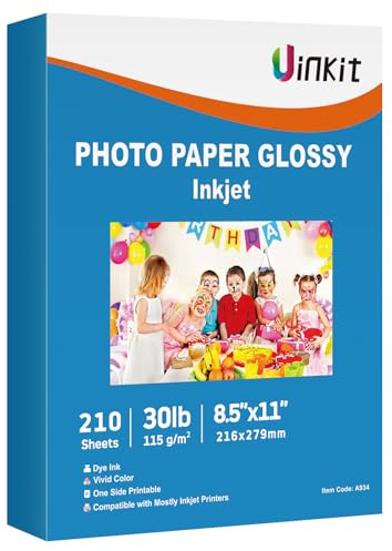 Uinkit 30lb Thin Flyer Paper Glossy 8.5x11 Inkjet Single Side DIY Chip Bag 115gsm Photos Picture for Inkjet Printer with Dye Ink Letter size A4 Brochure (8.5x11x210)