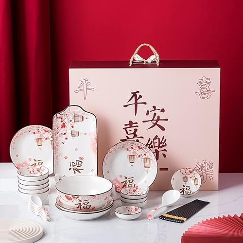 Service de table japonais de style chinois 29 pièces en céramique avec bols à riz, bols, assiettes, plats, baguettes