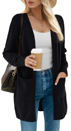 IWOLLENCE - Cardigan da donna a maniche lunghe, lavorati a maglia, in pile morbido per l'inverno, con tasche, 01 Nero, M