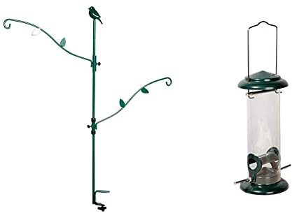 dobar 10854 Großer Balkonhalter Futtersäulen & Meisenknödelhalter & Vogelfutterstationen - 86 x 100 cm - Dunkelgrün & ® 11516 Kompakte Vogelfuttersäule mit Anflugstangen- Ø 9,5 x 23 cm - Grün